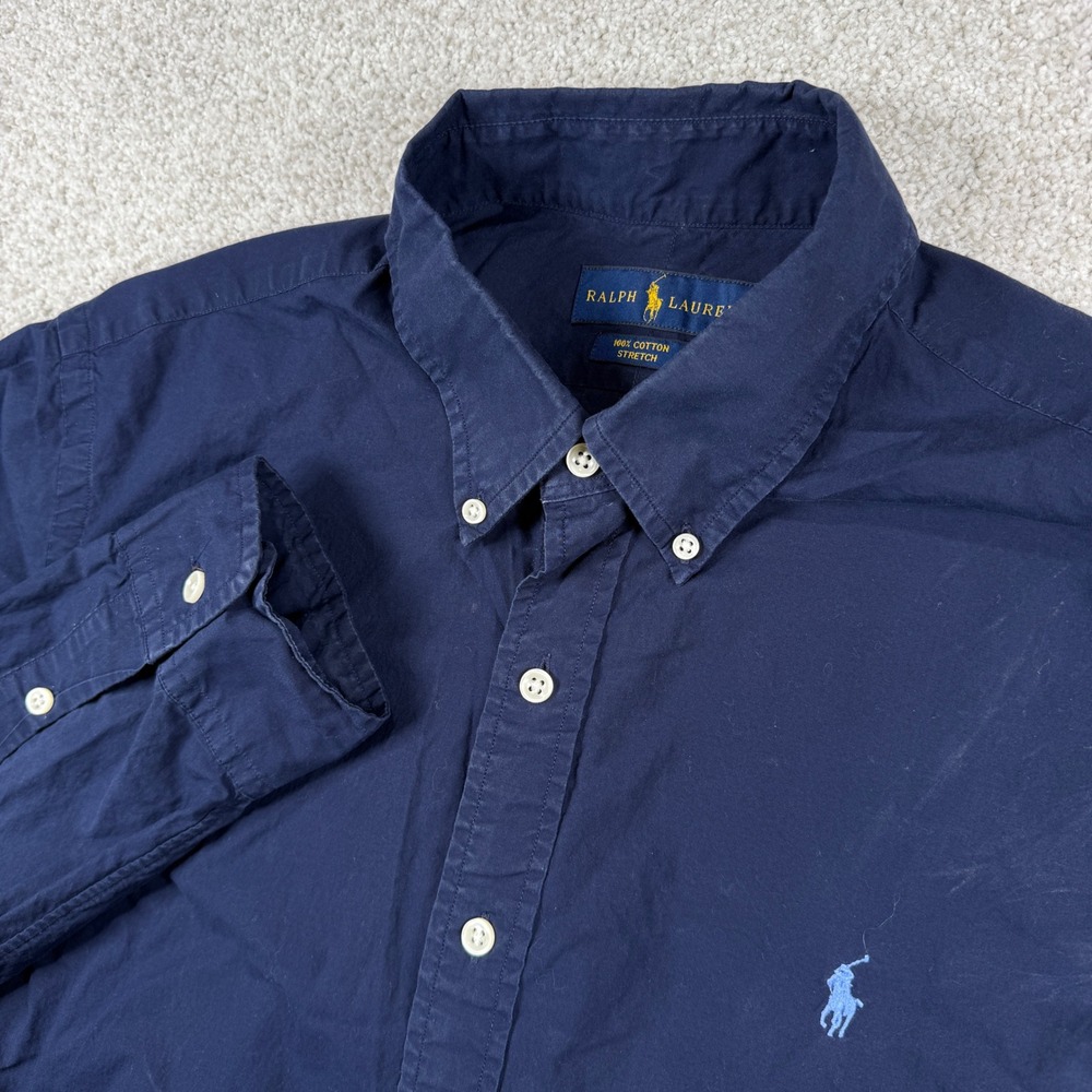 Ralph Lauren Button Down Mens L Navy Blue Cotton Stretch Long Sleeve Shirt - Picture 1 of 6